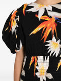 Rotate Black Orange Lily Print Short Puffed Sleeve Midi Dress 4