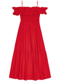Ganni Red Shirred Off The Shoulder Maxi Dress