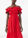 Ganni Red Shirred Off The Shoulder Maxi Dress 2