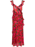 Rixo Red Floral Ruffled Tiered Midi Dress