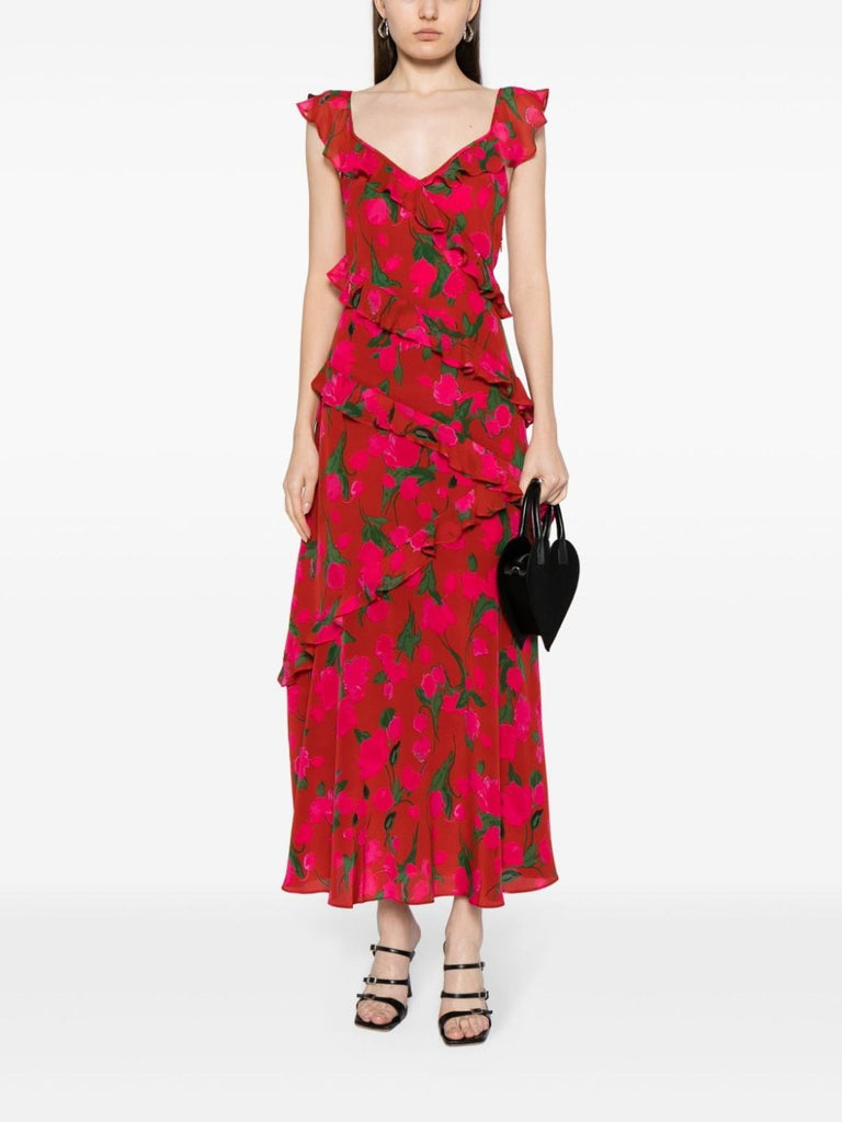 Rixo Red Floral Ruffled Tiered Midi Dress 1