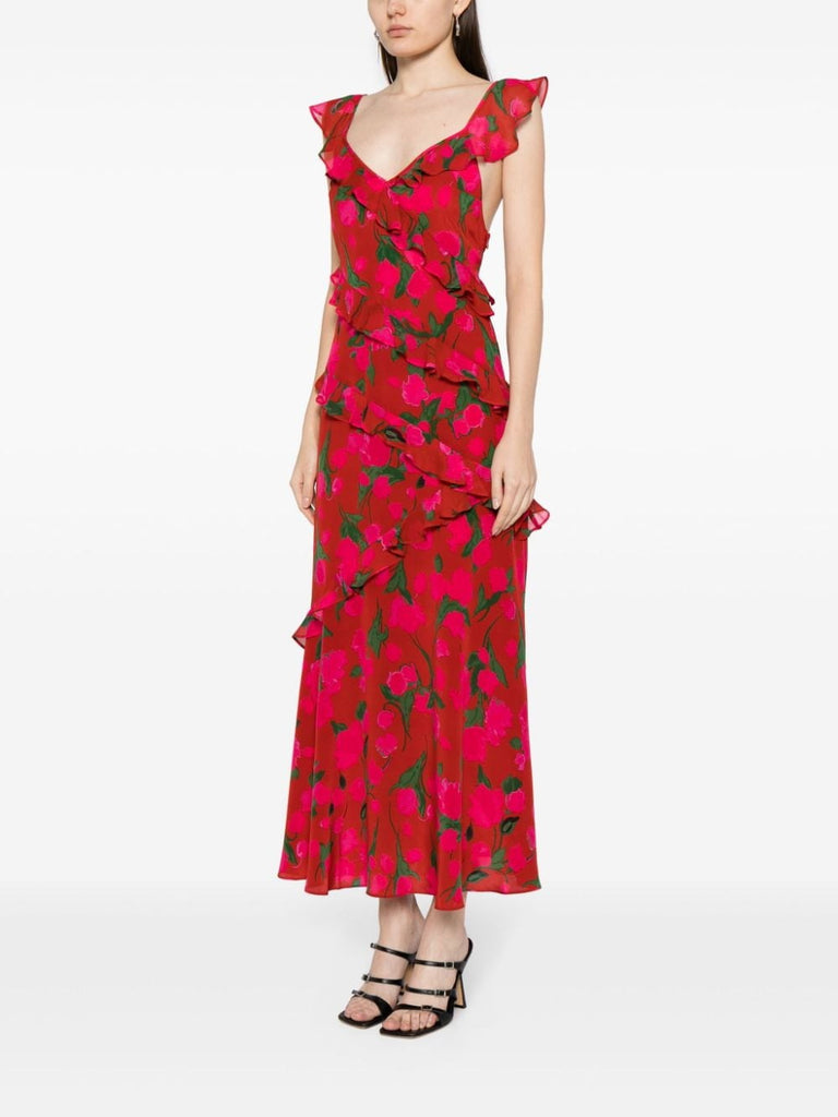 Rixo Red Floral Ruffled Tiered Midi Dress 2