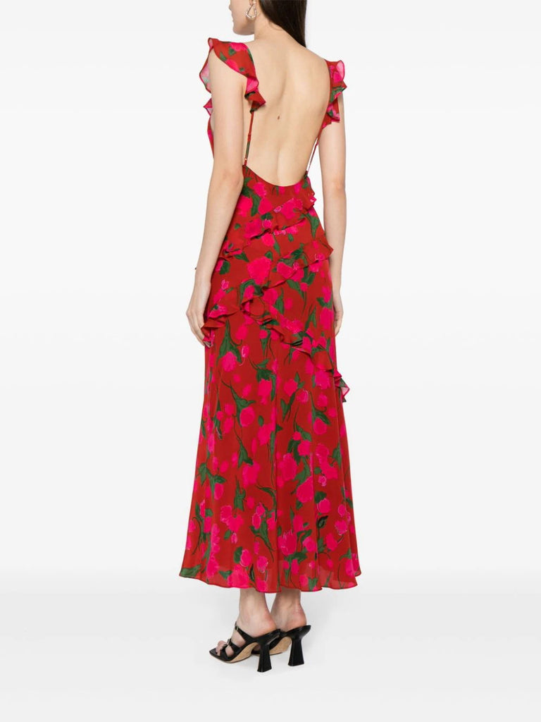 Rixo Red Floral Ruffled Tiered Midi Dress 3