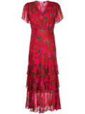 Rixo Red Floral Short Sleeved Ruffled Tiered Midi Dress