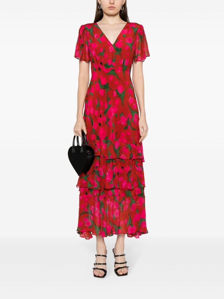 Rixo Red Floral Short Sleeved Ruffled Tiered Midi Dress 1
