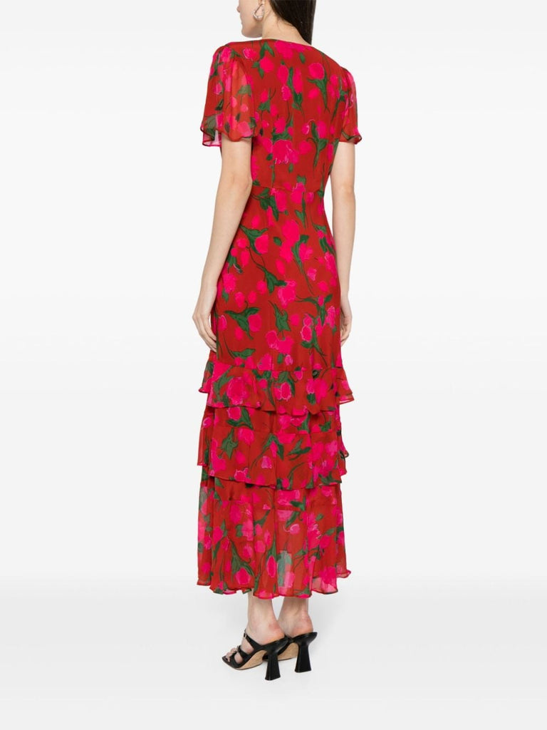 Rixo Red Floral Short Sleeved Ruffled Tiered Midi Dress 3
