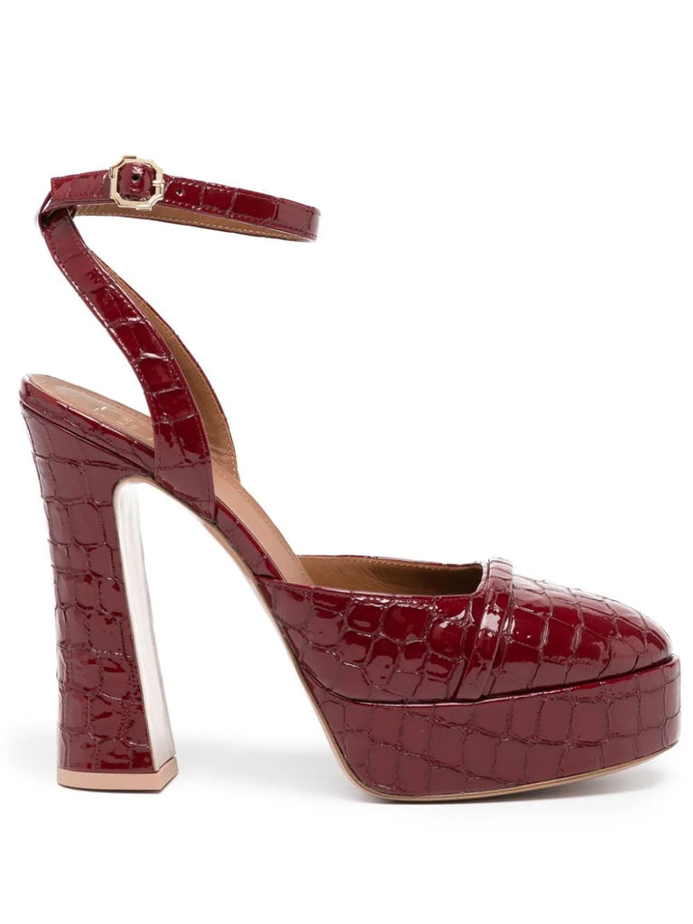 Malone Souliers Red Leather Reptile Print Ankle Strap Heels