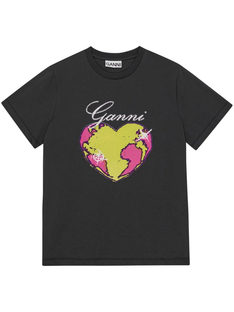 Ganni Dark Grey Pink Yellow Logo Heart World T-shirt