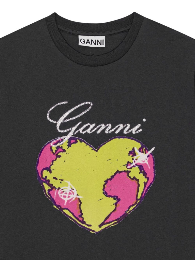 Ganni Dark Grey Pink Yellow Logo Heart World T-shirt 2