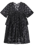 Ganni Black V-neck Short Sleeve Tiered Ribbon Floral Midi Dress
