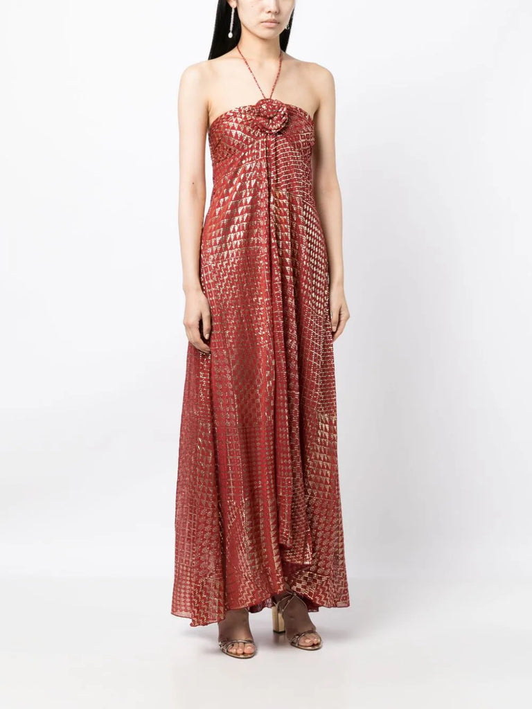 Rixo Red Gold Print Halterneck Sleeveless Maxi Dress 2