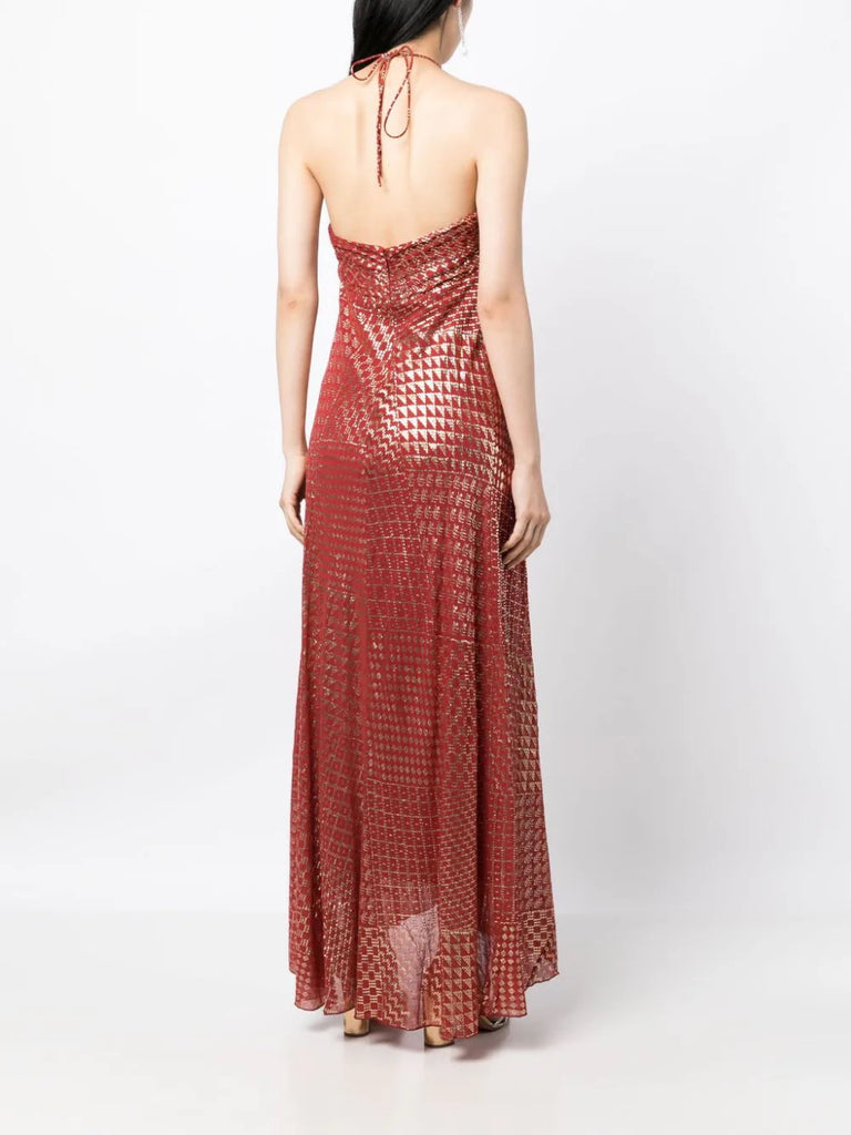 Rixo Red Gold Print Halterneck Sleeveless Maxi Dress 3