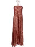 Rixo Red Gold Print Halterneck Sleeveless Maxi Dress