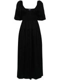 Faithfull The Brand Black Short Puffed Sleeve Shirred Bodice Midi Dress
