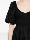 Faithfull The Brand Black Short Puffed Sleeve Shirred Bodice Midi Dress 4