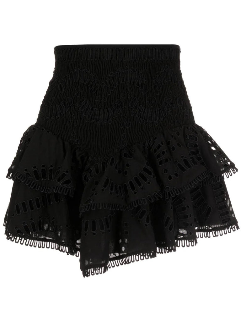 Charo Ruiz Ibiza Black Embroidered Tiered Hem Mini Skirt