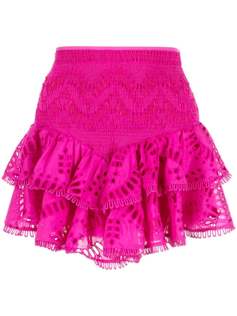 Charo Ruiz Ibiza Pink Embroidered Tiered Hem Mini Skirt