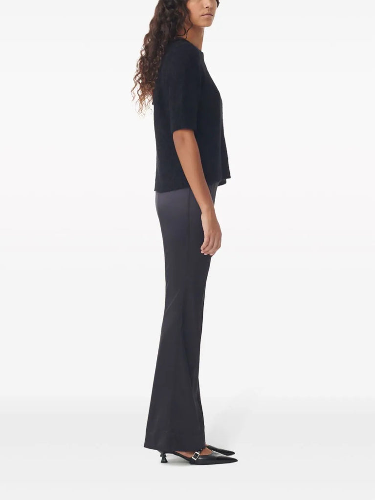 Ganni Black Zip Front Flared Satin Trousers 2