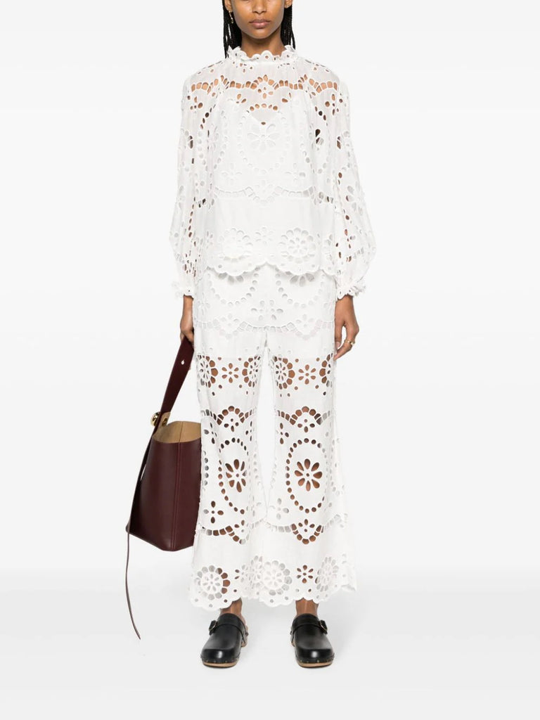 Zimmermann White Frilled Neck Embroidered Blouse 1