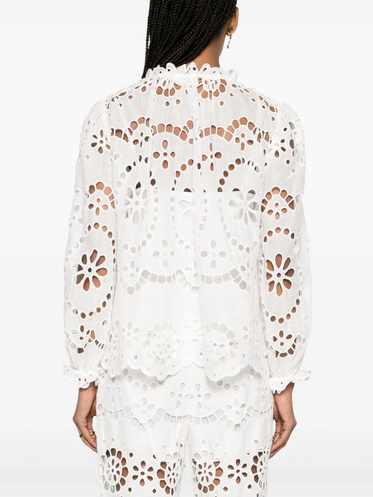 Zimmermann White Frilled Neck Embroidered Blouse 3
