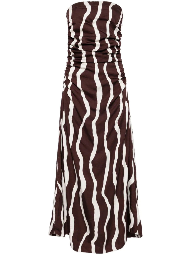 Faithfull The Brand Brown Cream Abstract Striped Sleeveless Midi Dress