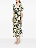Rixo Yellow Black Floral Lace Trim Midi Dress 2
