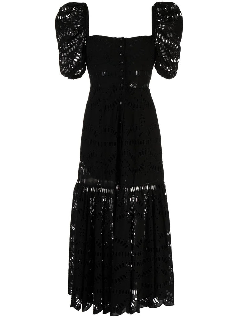 Charo Ruiz Ibiza Black Embroidered Puffed Sleeve Midi Dress