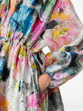 Stine Goya Metallic Multicoloured Abstract Print Crinkled Long Puffed Sleeve Midi Dress 3