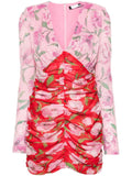 Rotate Pink Red Floral Ruched Long Sleeve Mini Dress