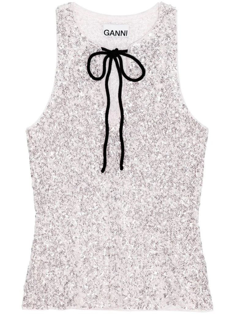 Ganni Pink Silver Sequin Tie Front Sleeveless Top