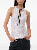Ganni Pink Silver Sequin Tie Front Sleeveless Top 4