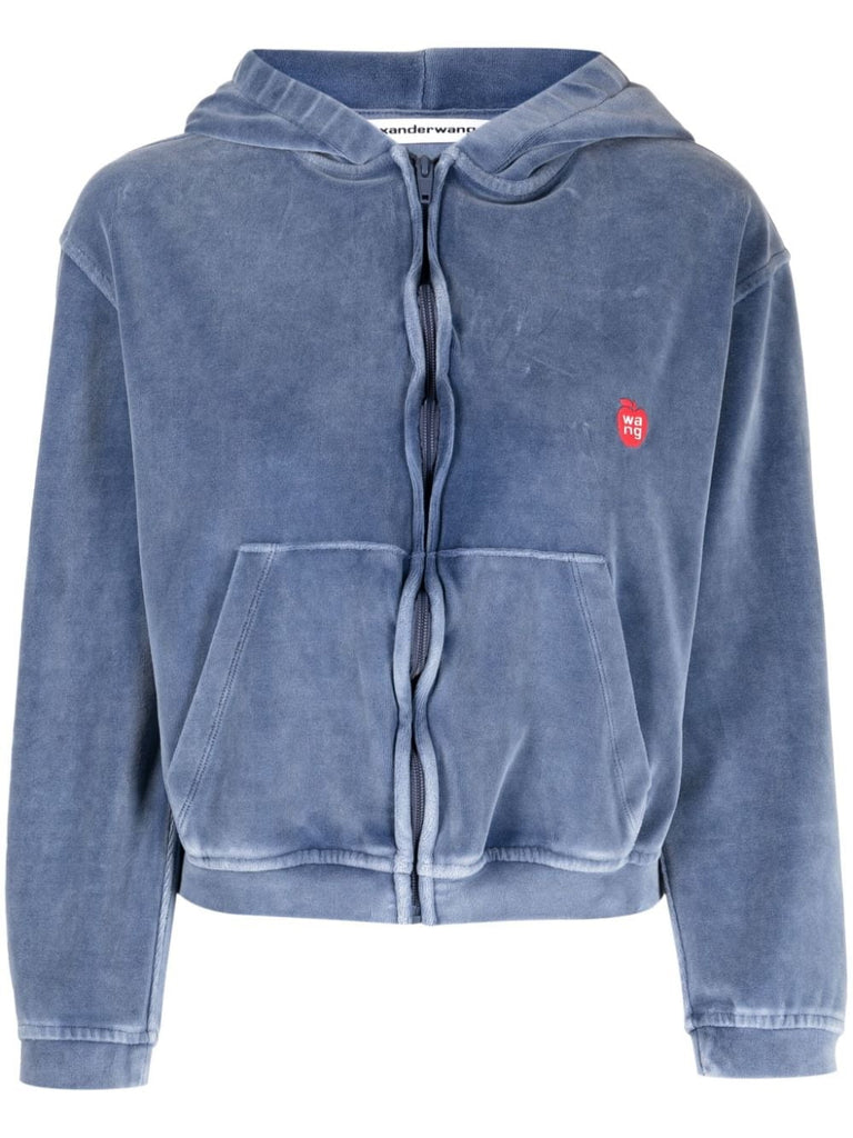 Washed Blue 'Apple Logo Velour Cropped Hoodie'